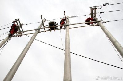 10千伏創業園國網利津縣供電公司工作人員登桿升級線路，供電安全穩定
