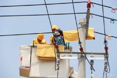 莒南縣供電公司10千伏1813草嶺線16號桿處進行帶電T接作業